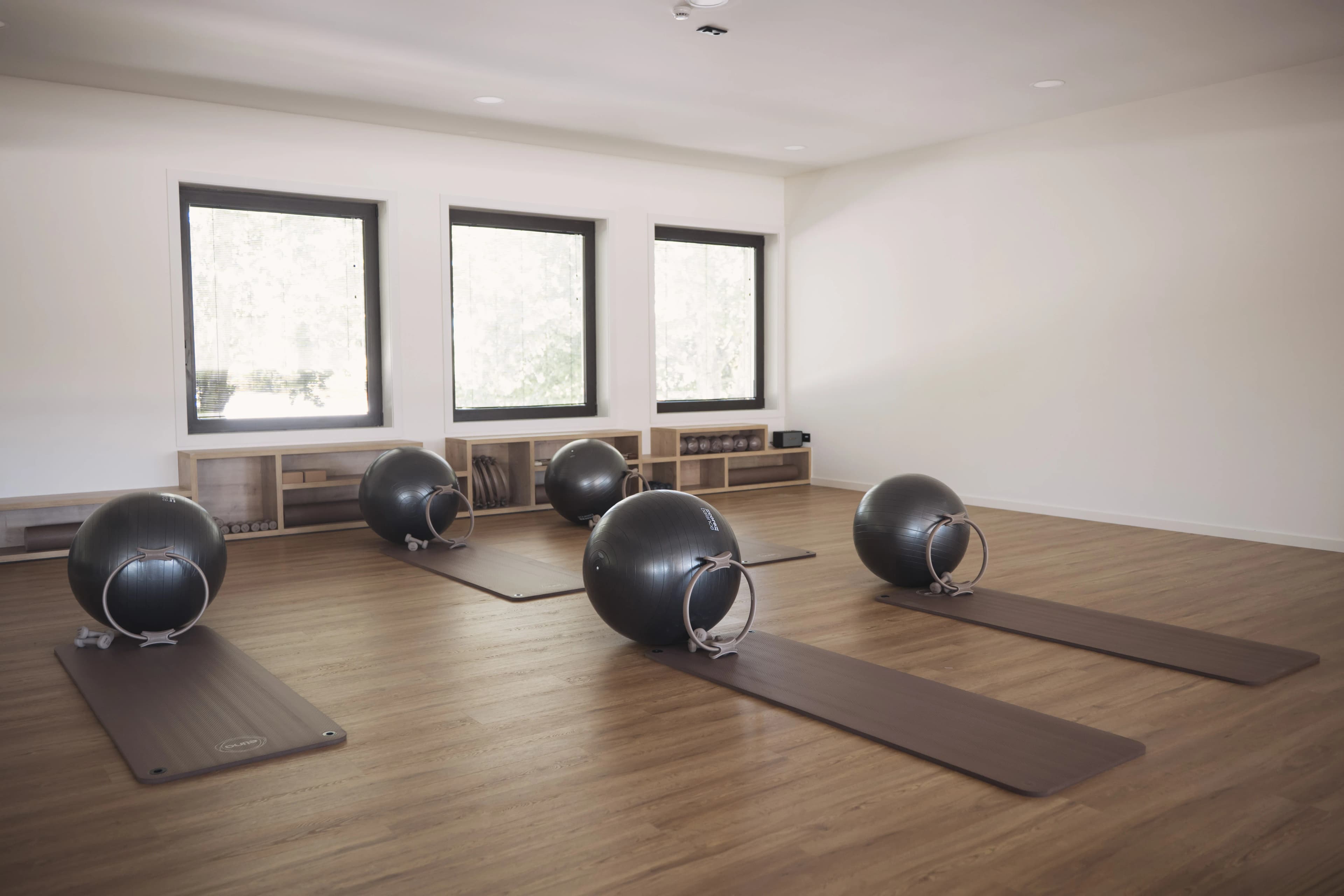 Sala de exercício clínico com bolas e tapetes.